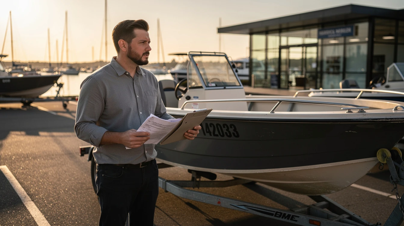 Man reviewing boat documentation at marina during sunset with vessels in background