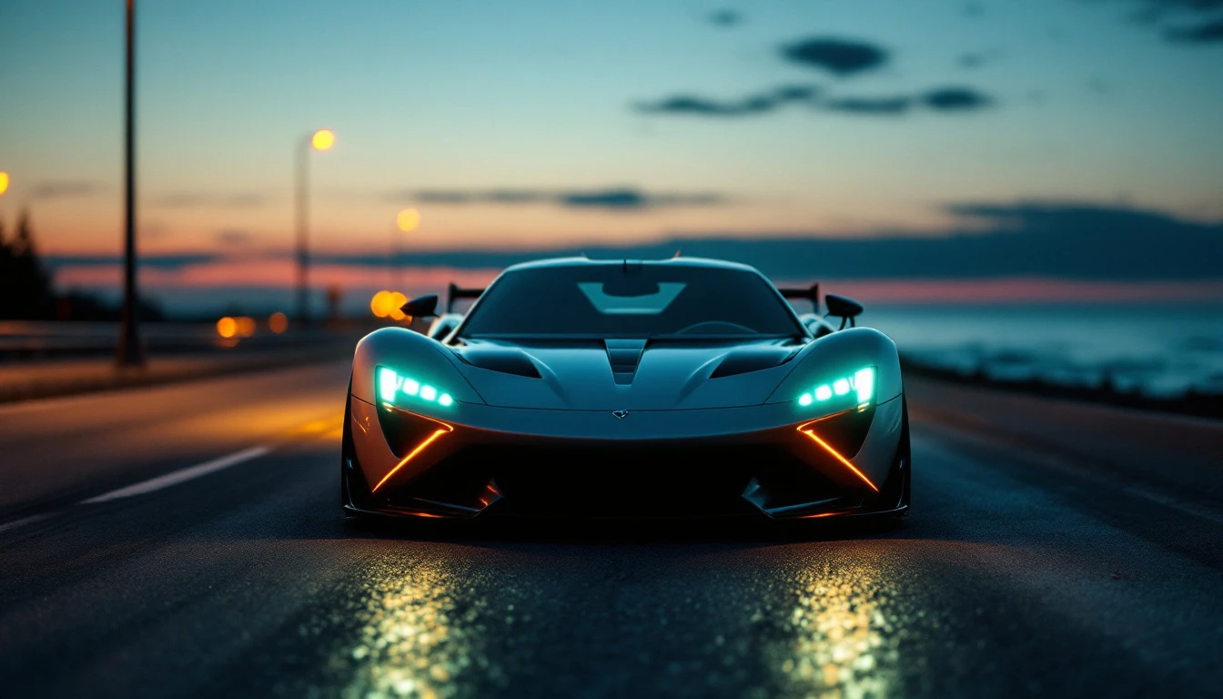 Sleek sports car with illuminated headlights parked on coastal road at dusk
