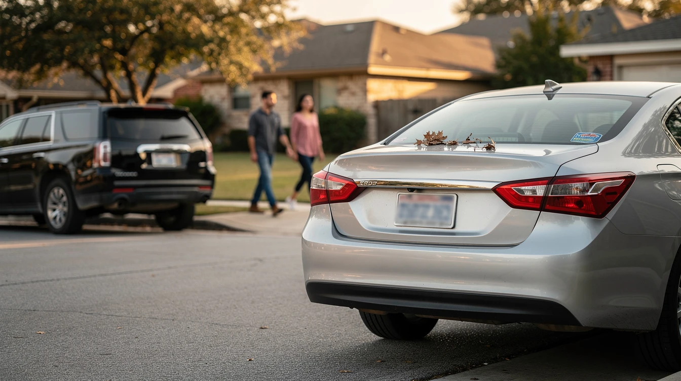 Silver sedan parked in suburban driveway with registration plates visible