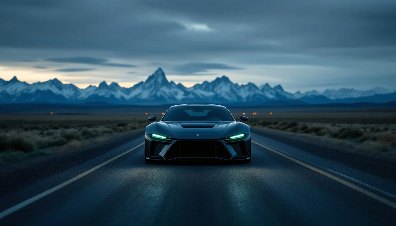 Sleek sports car driving straight highway with snow-capped mountains ahead at dusk, illustrating safe driving practices