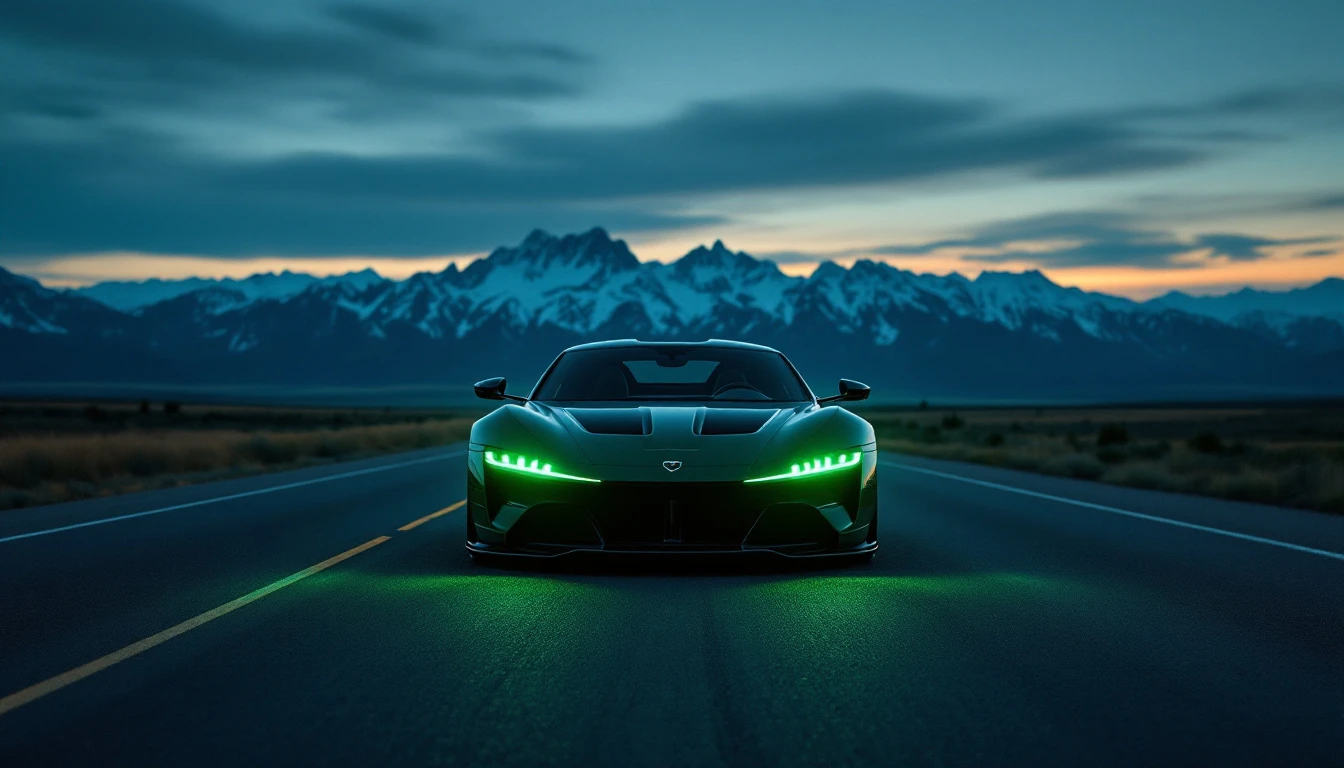 Green exotic supercar with glowing LED headlights on Montana highway at dusk, mountains in background