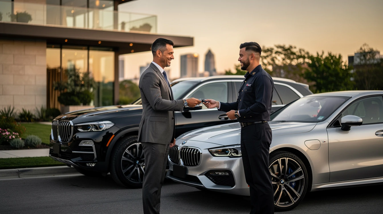 Elevated car dealership concierge handing keys to customer at modern home with bespoke vehicles