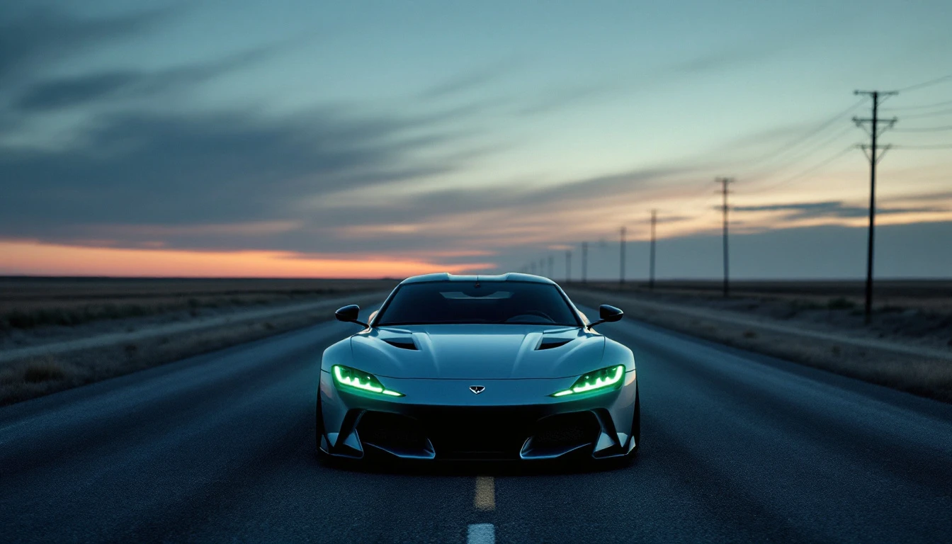 Sleek sports car with glowing headlights on open highway at sunset, illustrating vehicle purchase considerations.