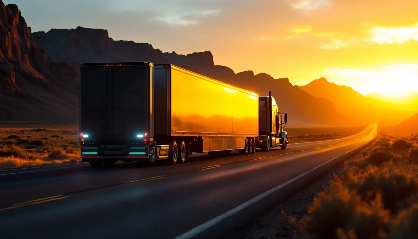 Semi truck with yellow trailer driving desert highway at sunset