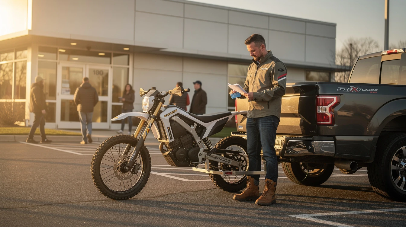 Man reviewing documentation for electric dirt bike registration at parking lot with truck nearby.