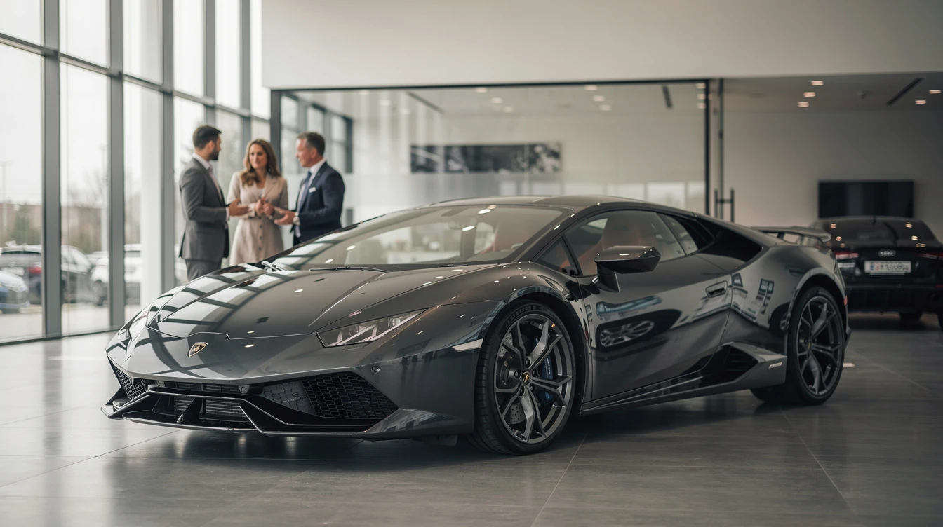 Black Lamborghini Huracan supercar displayed in elevated dealership showroom with business professionals discussing purchase