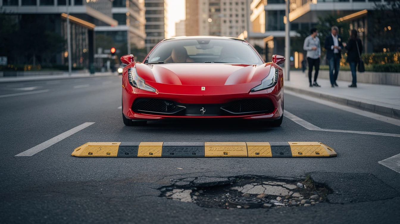 Red Ferrari supercar navigating speed bump on urban street demonstrating suspension technology for potholes