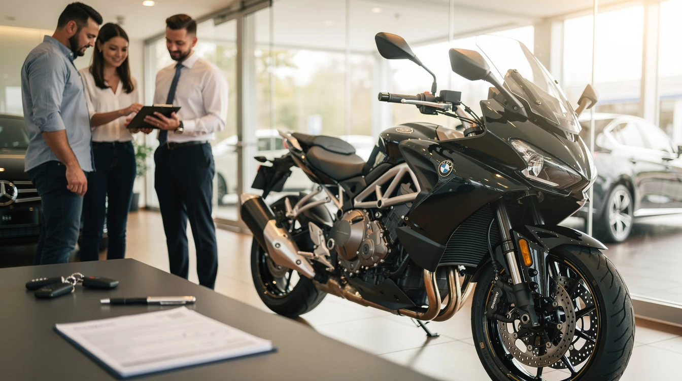 Black BMW motorcycle on showroom floor with dealers reviewing sales documents and vehicle inventory