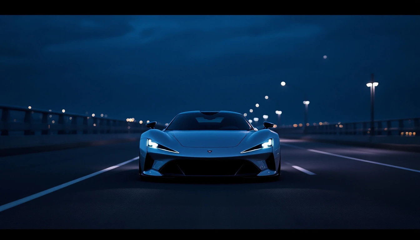 Modern sports car with headlights on driving at night on highway