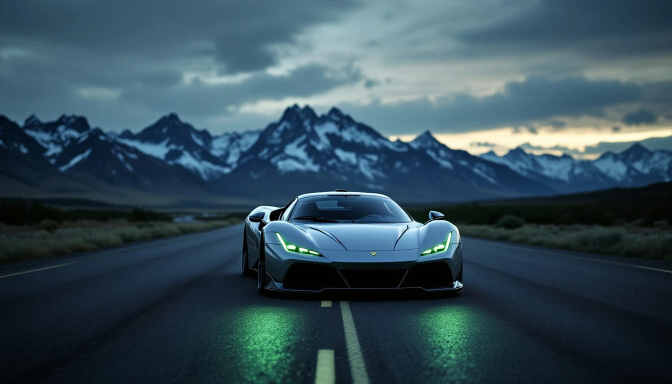 Elevated supercar with glowing green headlights speeding down mountain highway road in scenic landscape