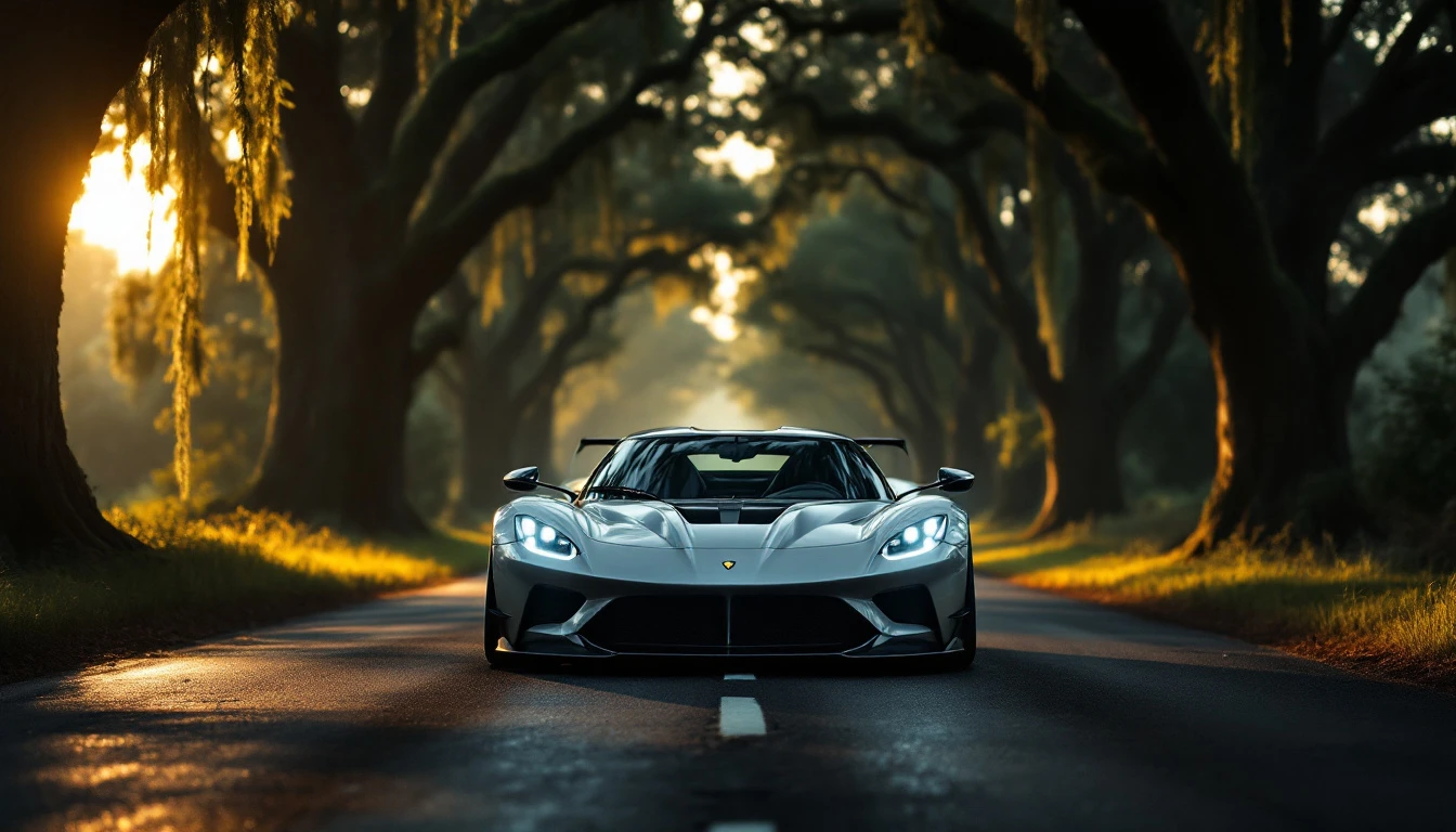 Sleek sports car driving down tree-lined road at sunset, illustrating Georgia safe driving practices and vehicle laws.