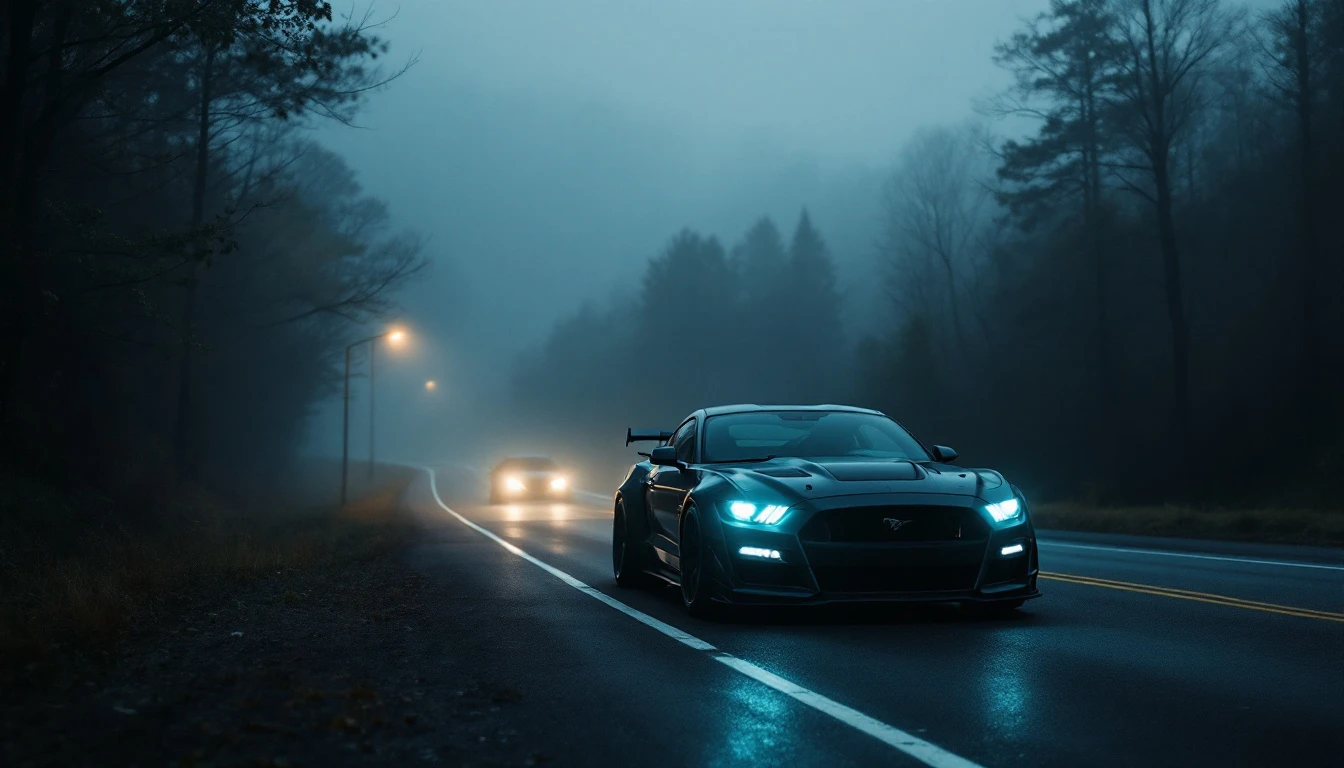 Dark blue Mustang sports car driving on wet highway at dusk with headlights on, demonstrating vehicle investment value.