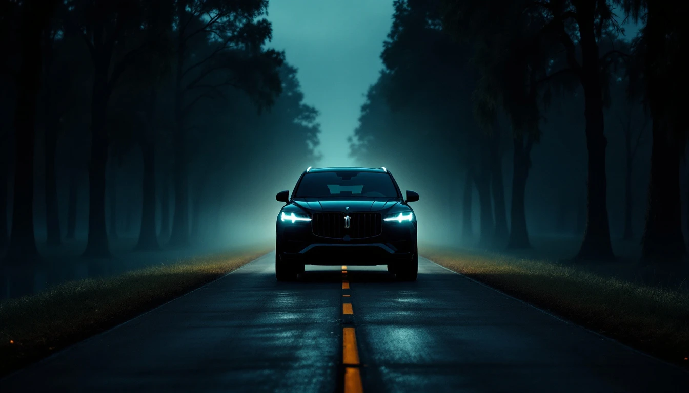 Black SUV driving on wet forest road at night with headlights on, illustrating Louisiana driving safety laws