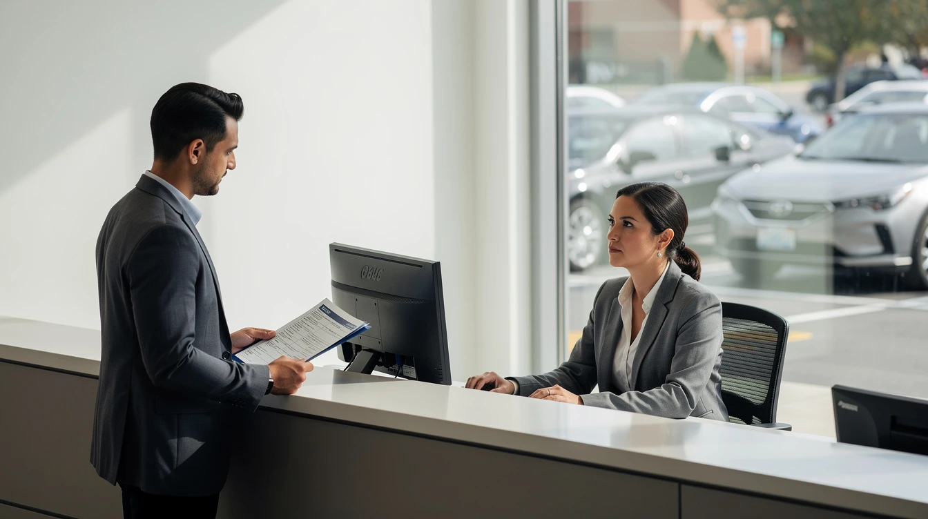Car dealership employee assisting customer with vehicle registration paperwork at reception desk with cars visible outside.