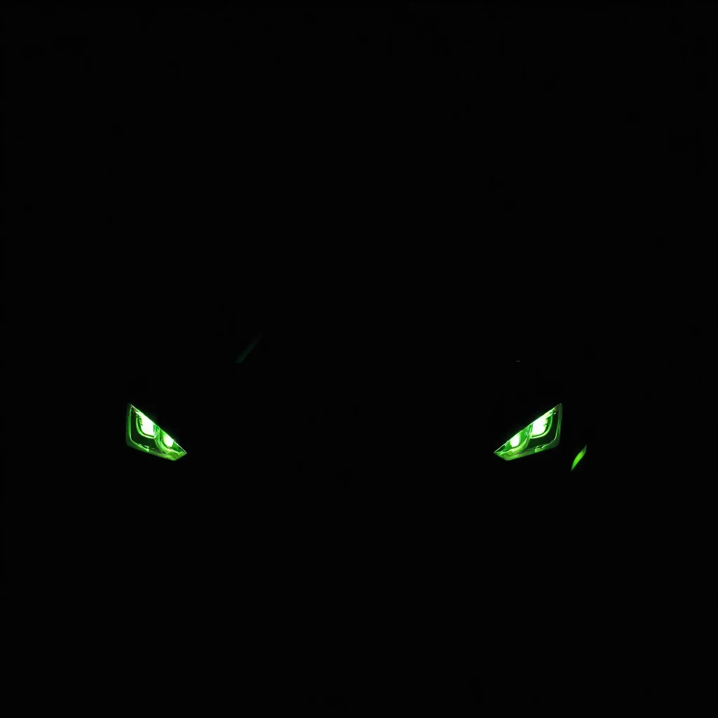Glowing green motorcycle headlights in darkness symbolizing lost title recovery and getting back on the road.