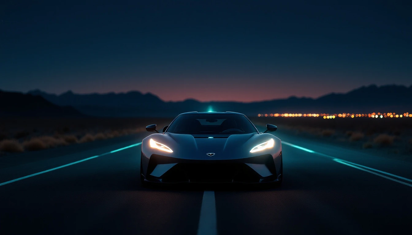 Sleek sports car with glowing headlights driving on desert highway at dusk with city lights behind mountains
