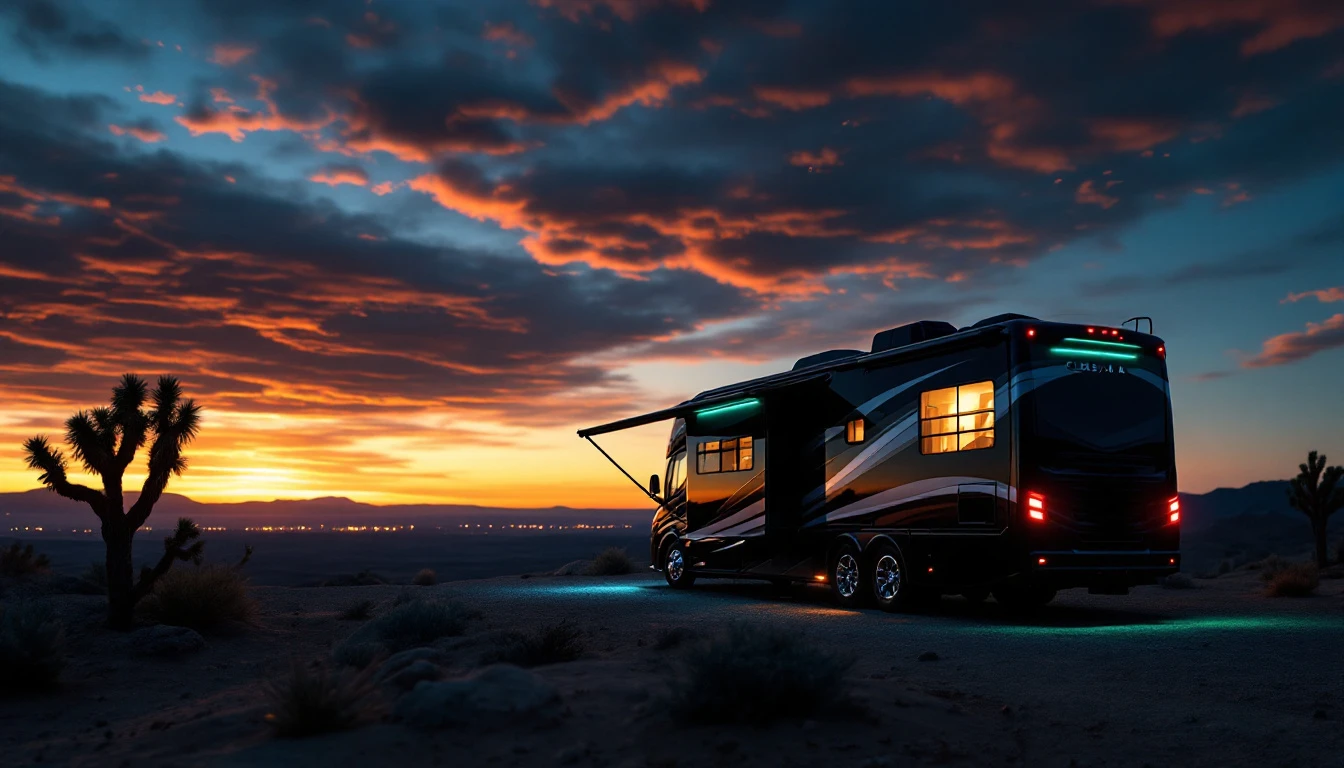 Elevated motorhome parked in desert at sunset with glowing lights and open awning for RV registration guide.