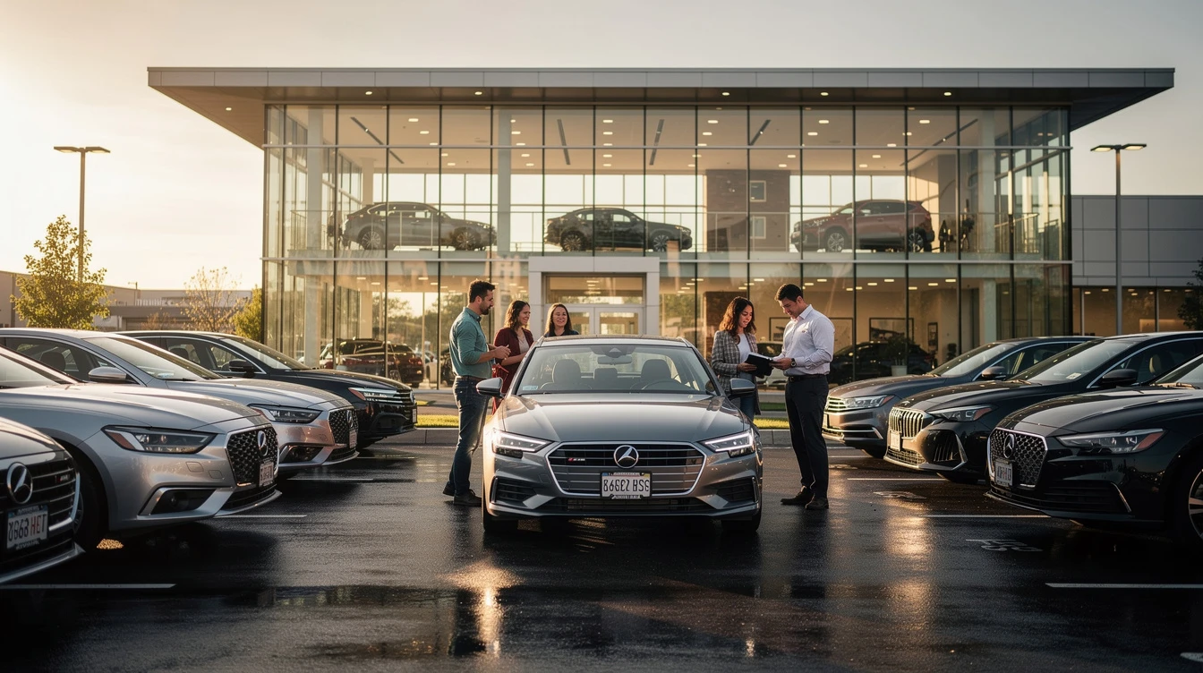 Modern sedan displayed at elevated car dealership showroom with sales staff and customers discussing vehicle purchase