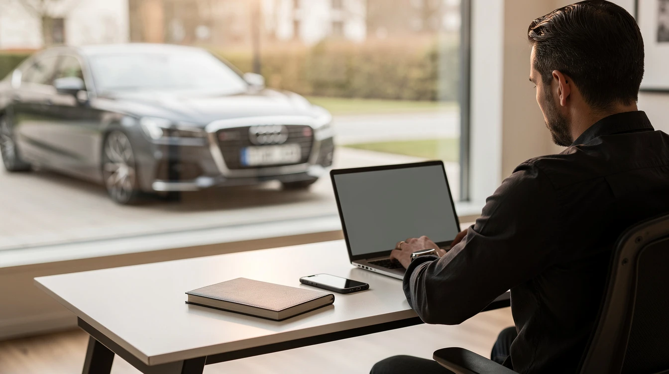 Man researching vehicle VIN number on laptop with Audi car visible through showroom window