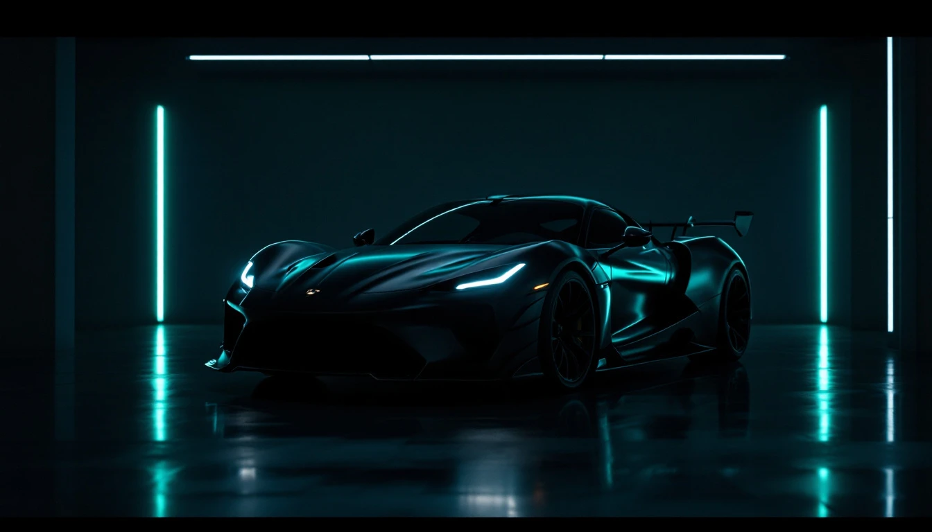Sleek black supercar displayed in futuristic neon-lit garage