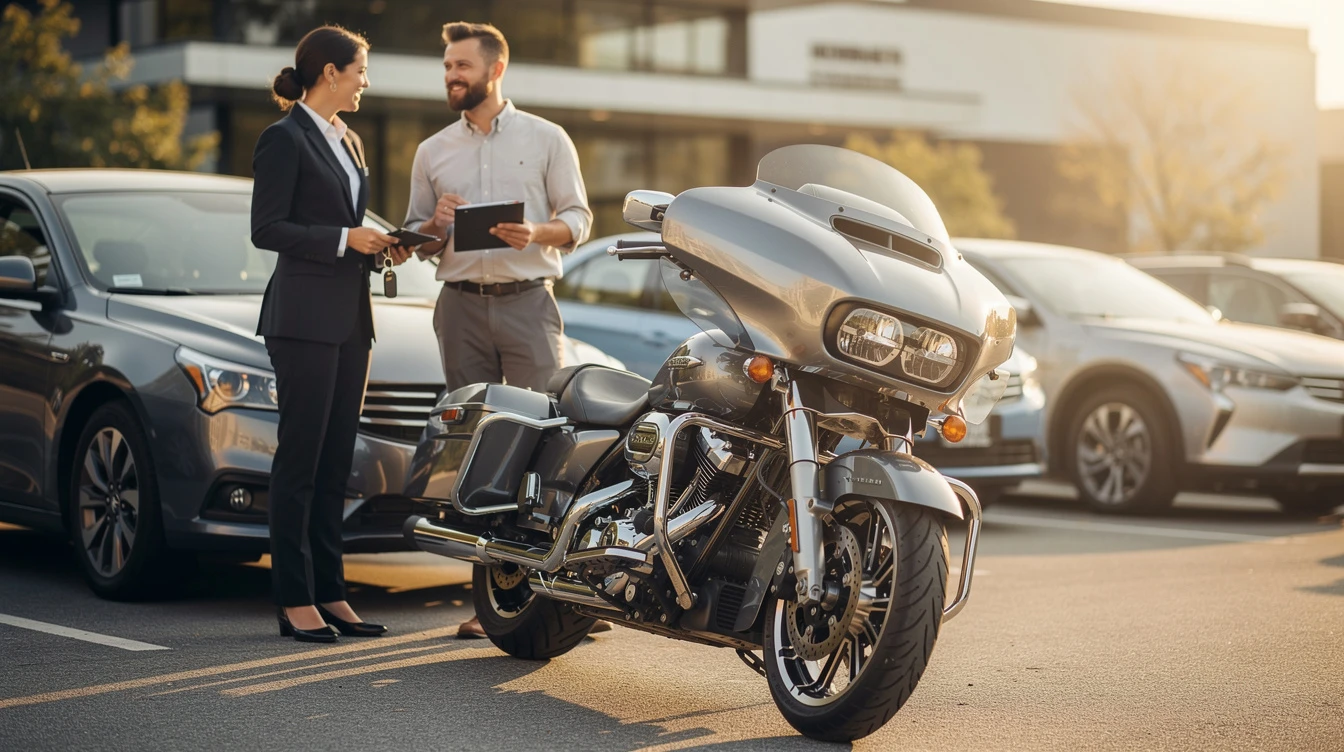 Motorcycle dealership registration service agent consulting with customer about title and concierge paperwork assistance