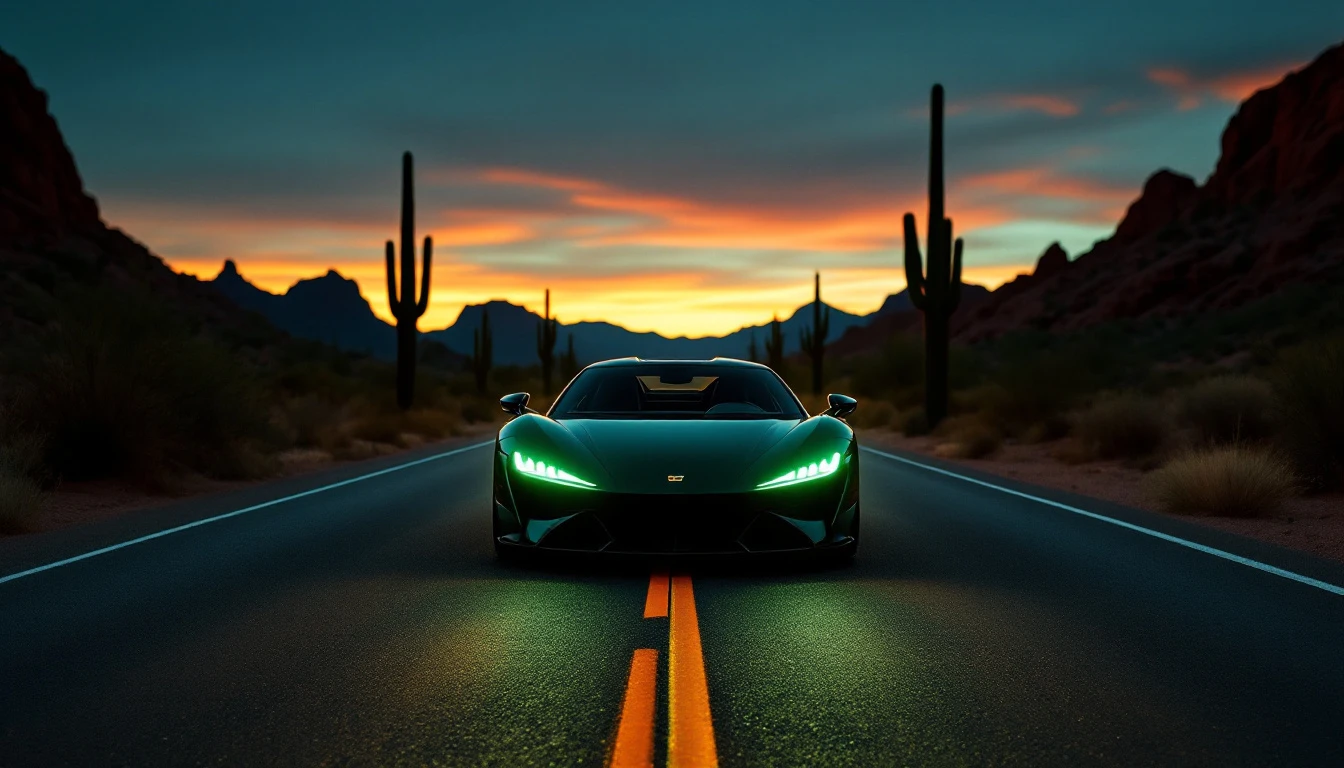 Sleek sports car driving on desert highway at sunset with saguaro cacti, illustrating Arizona driving laws and road safety