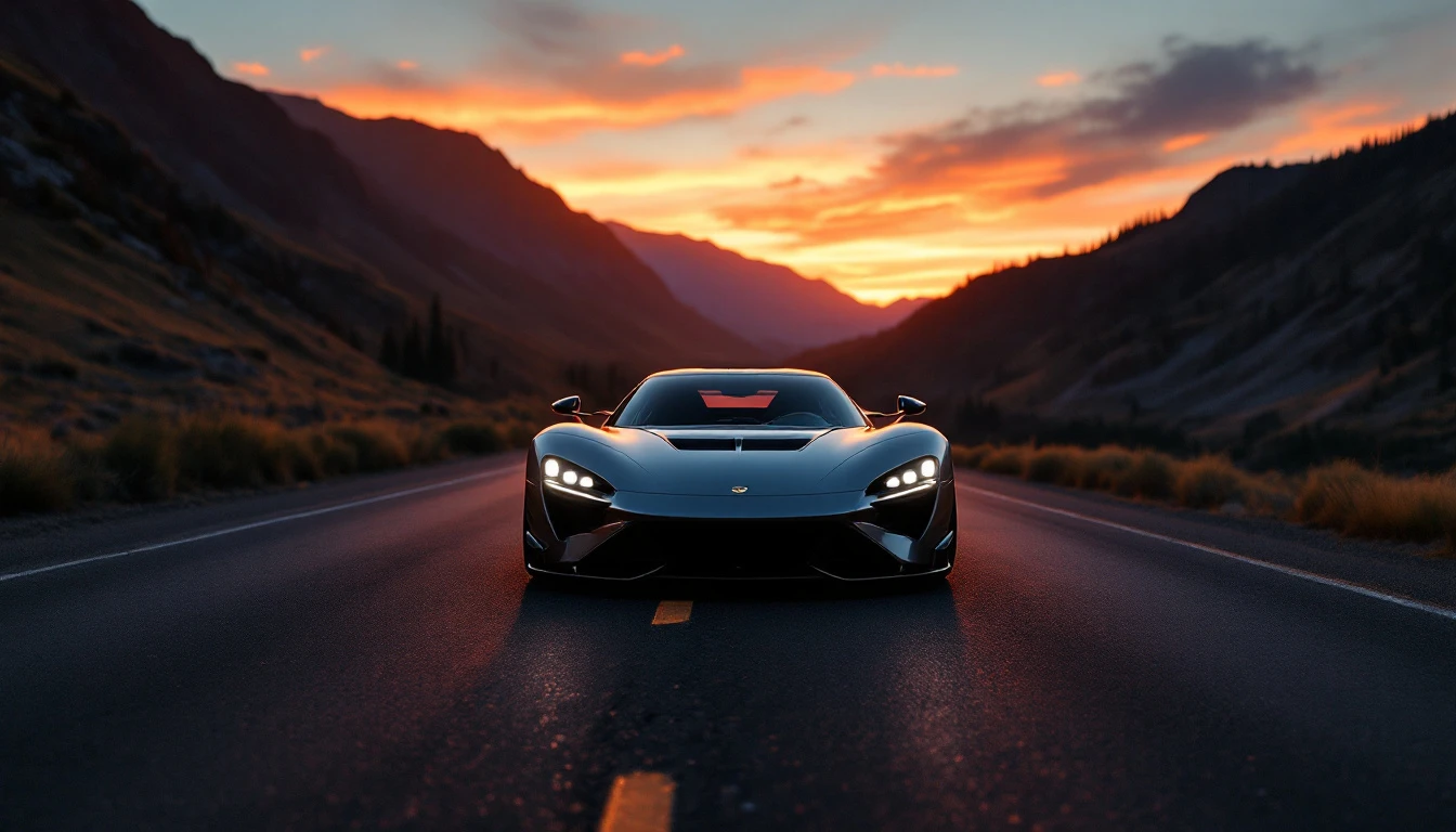 Elevated supercar driving on mountain highway at sunset, illustrating vehicle purchase and sales tax considerations.