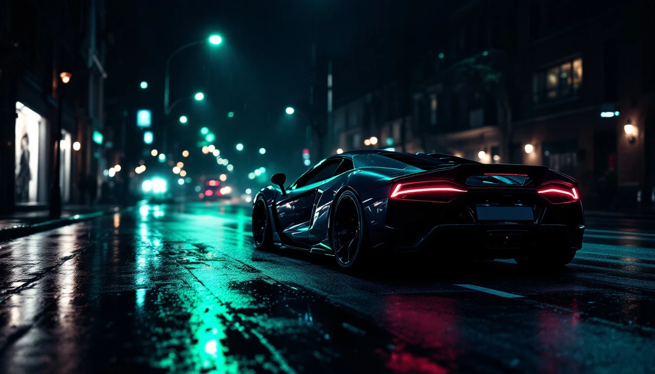 Black supercar with glowing red taillights speeds through neon-lit wet city street at night