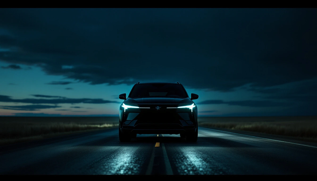 Modern SUV driving on empty Nebraska highway at dusk with headlights illuminated