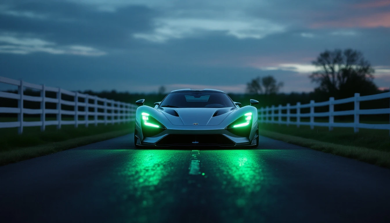 Silver sports car with glowing green headlights on rural Kentucky road at dusk, illustrating safe driving regulations