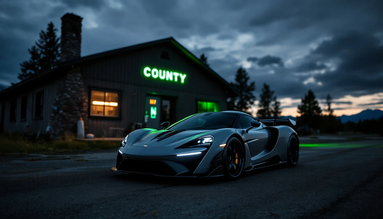 Elevated sports car parked outside county building at dusk, illustrating business vehicle tax write-off strategies for LLC