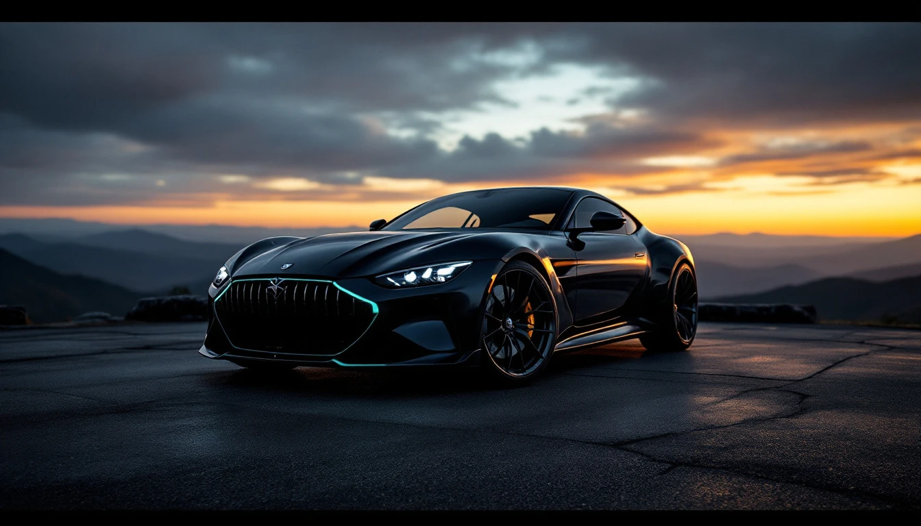 Sleek black sports car parked at sunset overlooking mountains