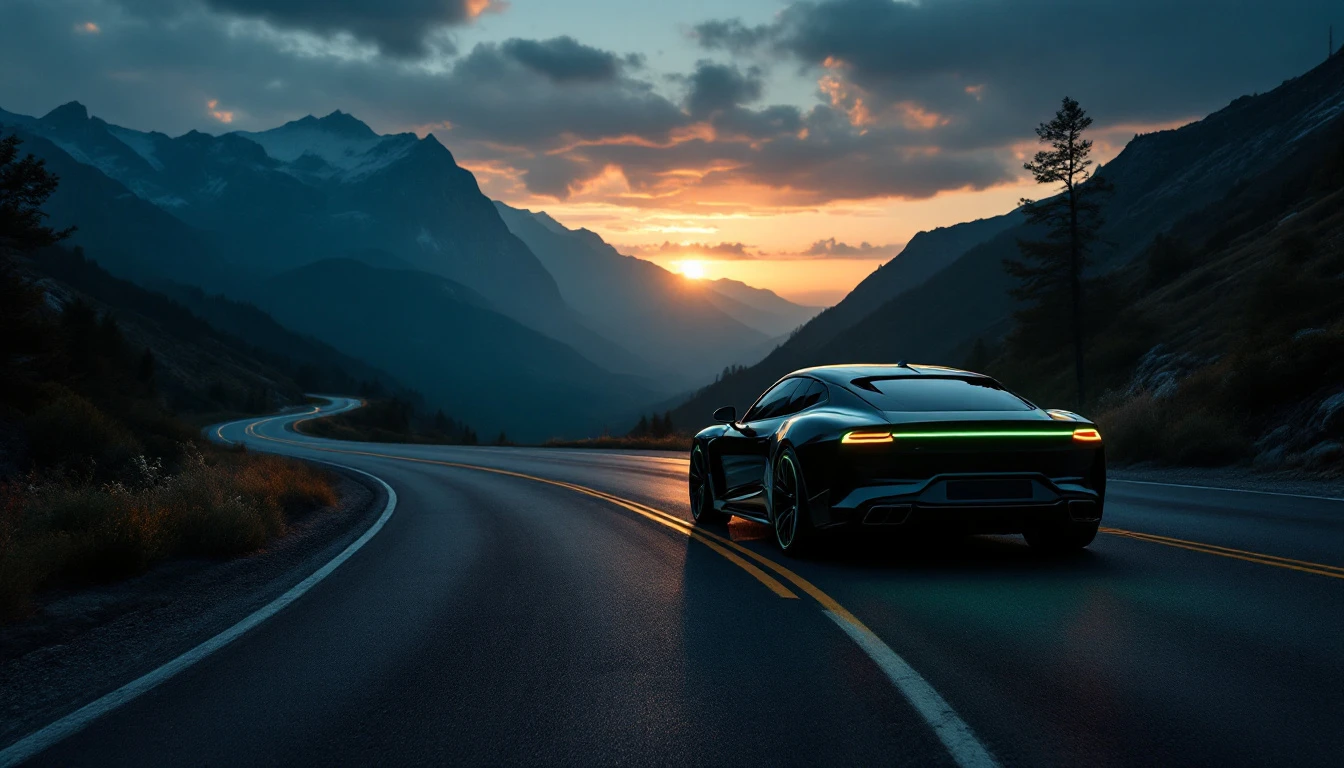Sleek sports car driving mountain highway at sunset, illustrating vehicle purchase and ownership considerations for new car