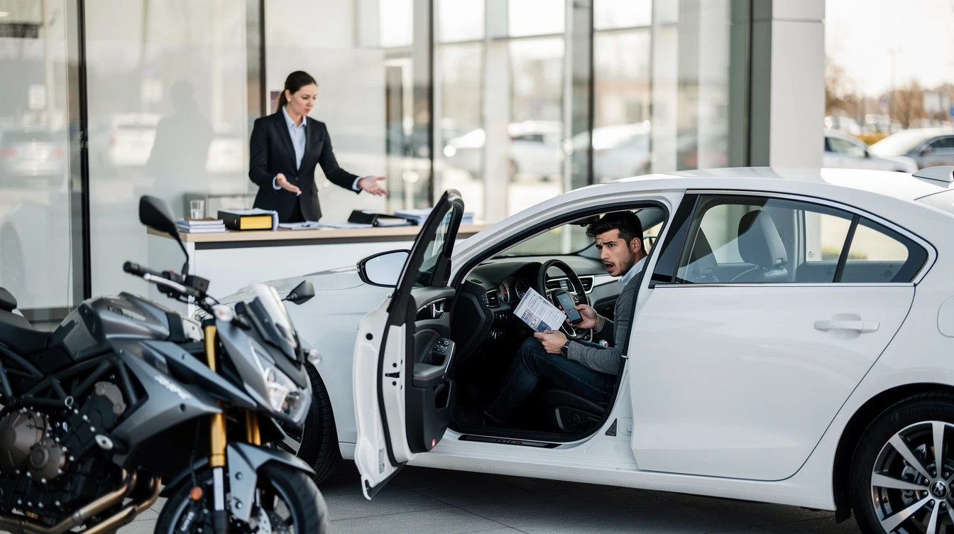 Man sitting in white car reviewing vehicle registration and financing documents at dealership showroom