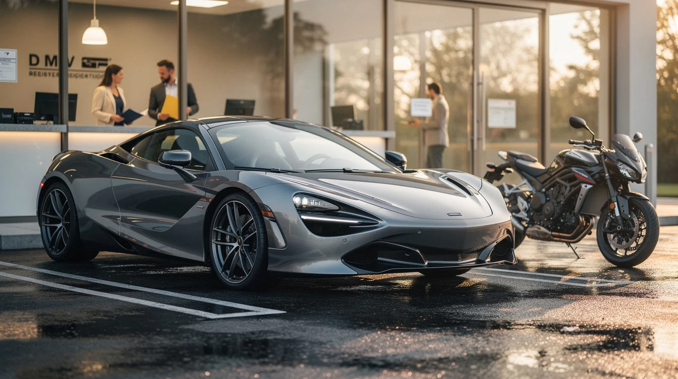 Silver McLaren sports car parked at DMV registration office with motorcycle