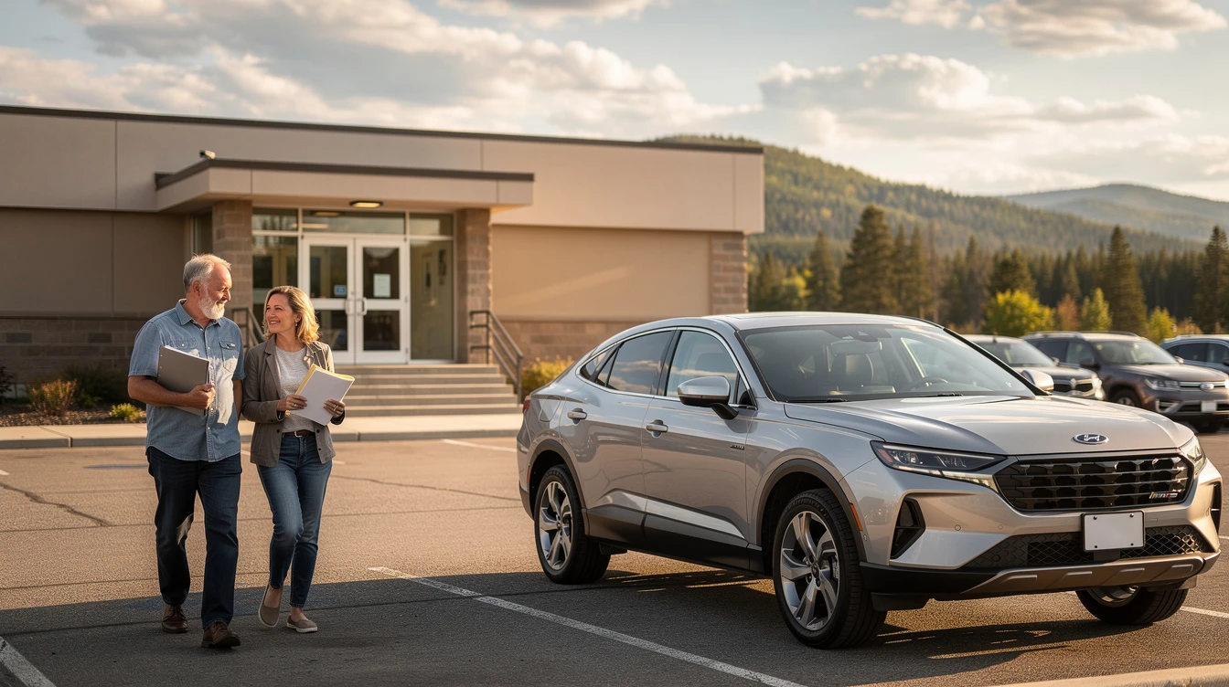 Couple reviewing vehicle registration documents beside silver SUV in parking lot with mountains and building backdrop