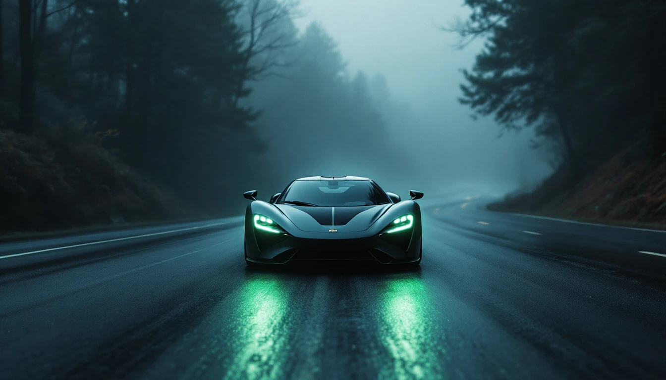 Elevated supercar with glowing green headlights driving on wet forest road at dusk