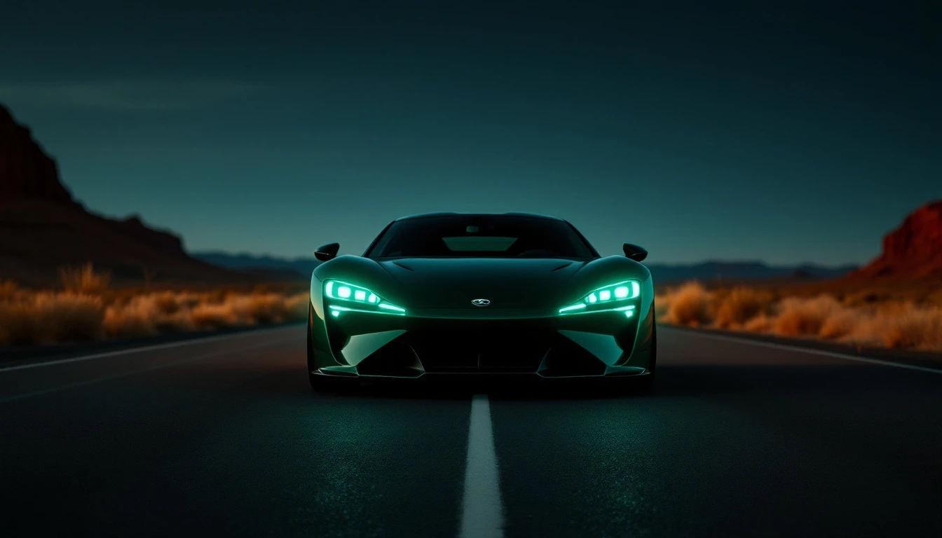 Modern sports car with bright LED headlights driving on desert highway at dusk, illustrating New Mexico driving safety.