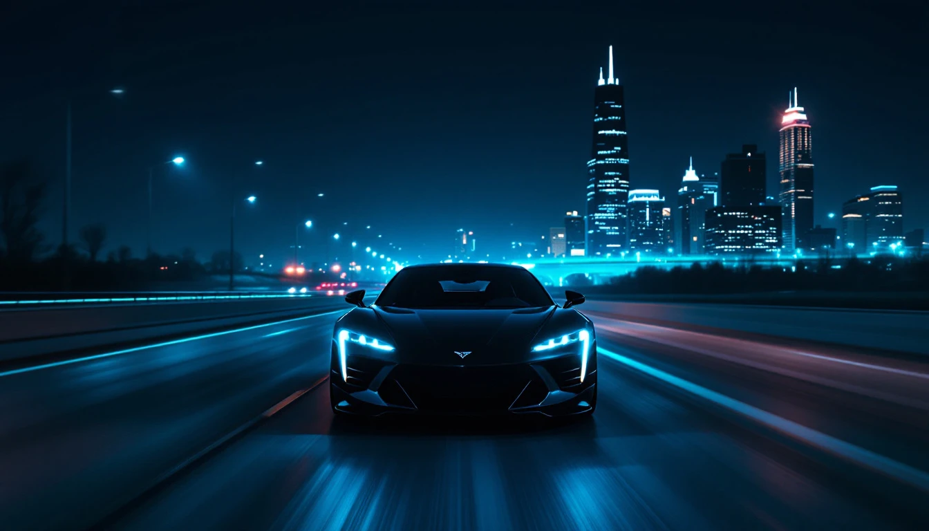 Sleek sports car driving on highway at night with illuminated Chicago skyline in background