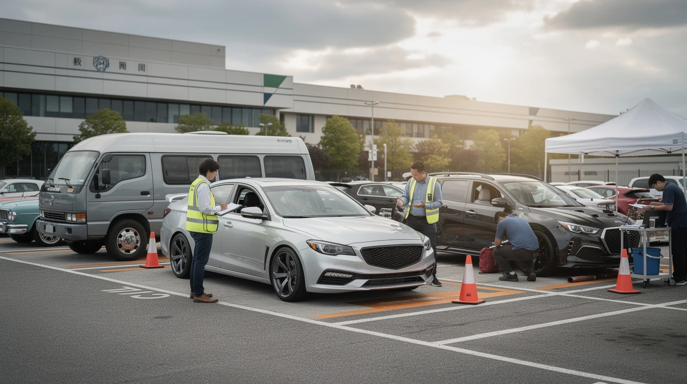 Black sport motorcycle parked among classic cars at vehicle inspection lot with officials reviewing registration documents