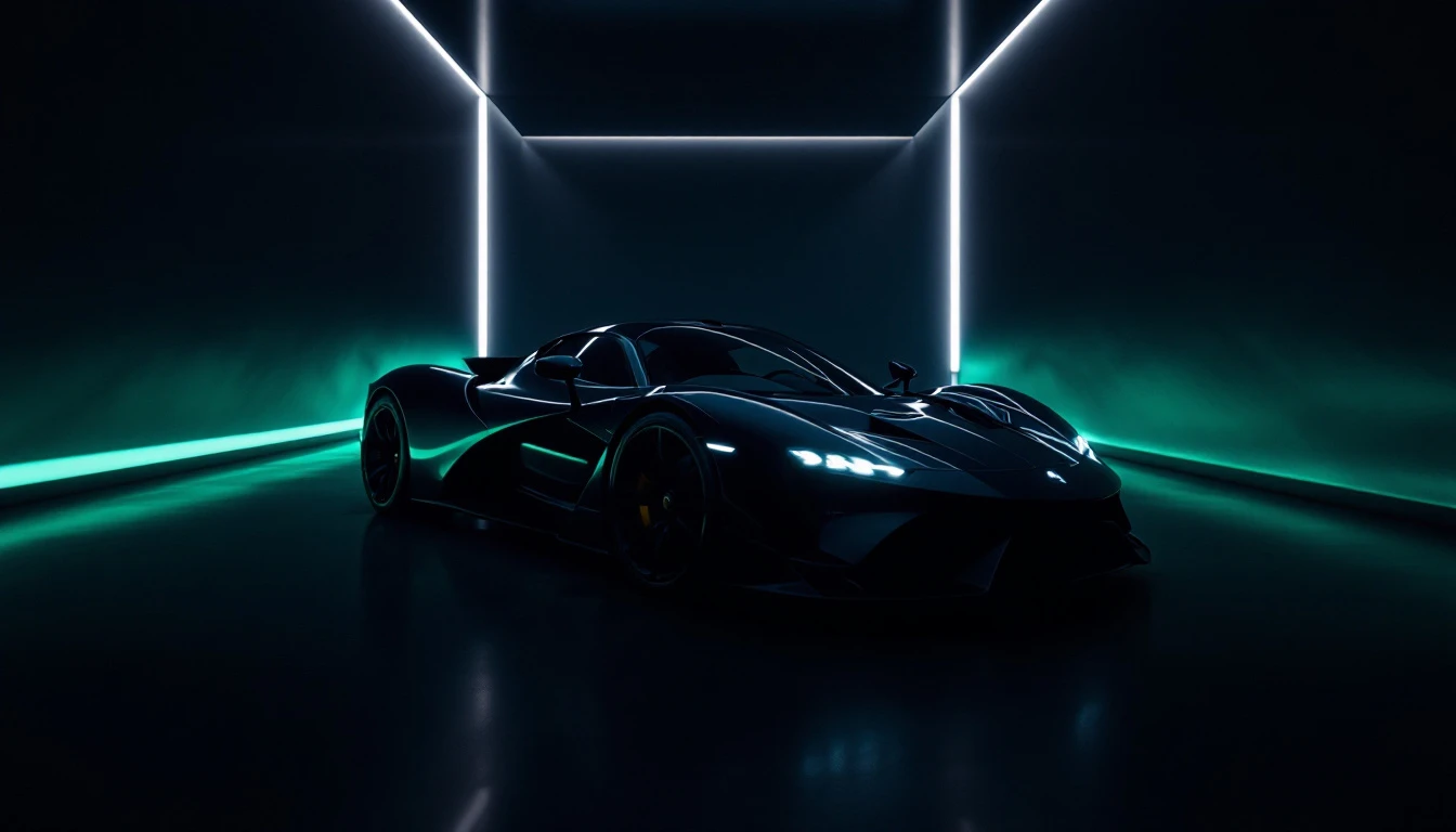 Black sports car under neon lights in futuristic garage setting