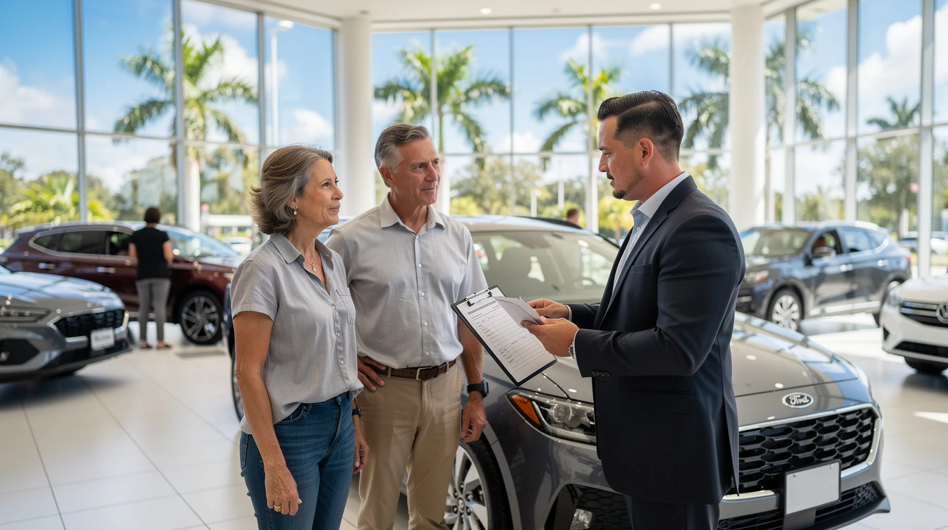 Car salesman presenting Ford vehicle to couple at dealership showroom with palm trees visible through windows