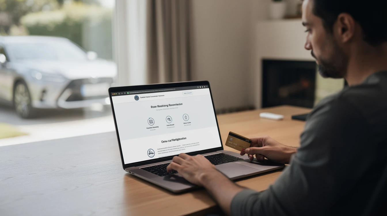 Man renewing car registration online on laptop while holding credit card at home desk
