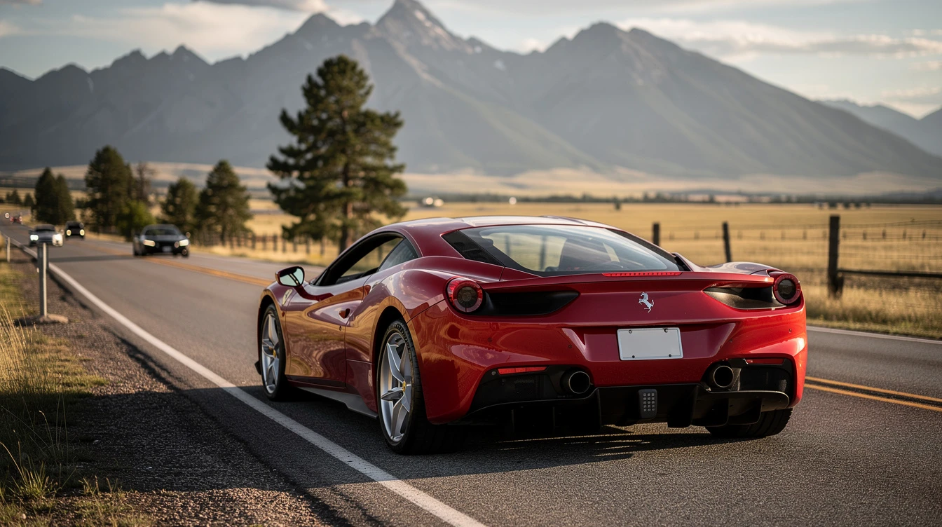 Red Ferrari sports car driving on Montana highway with mountain landscape backdrop and scenic valley views