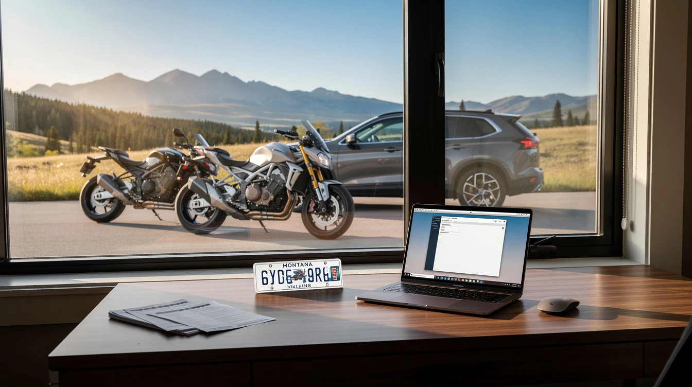 Montana motorcycle registration workspace with laptop, license plate