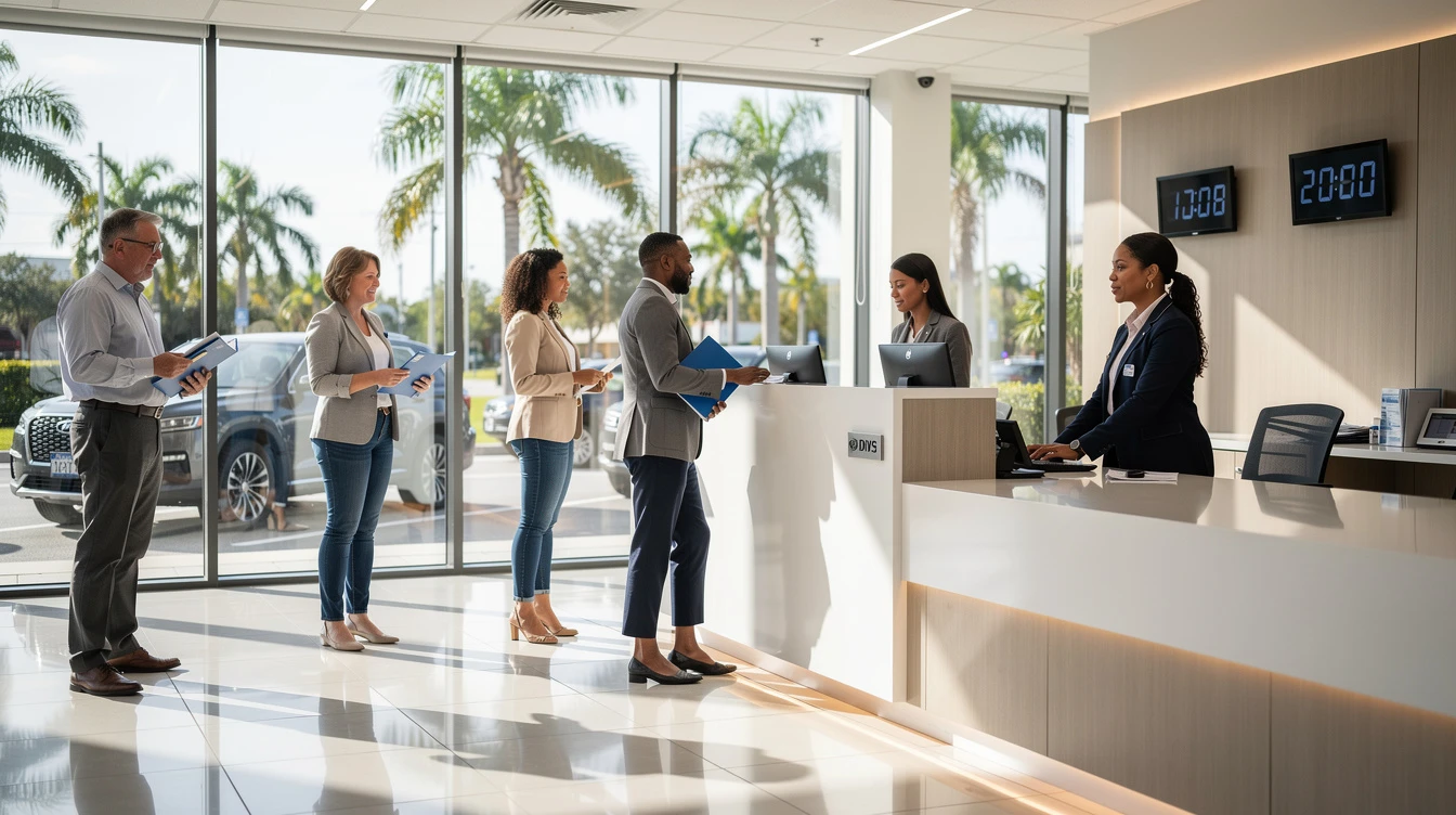 Customers wait in line at a vehicle dealership or registration office with a parked car visible through windows outside.
