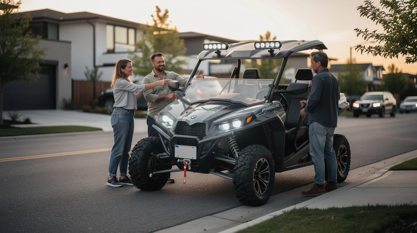 Street-legal UTV parked on urban downtown street with three people discussing vehicle modifications and compliance