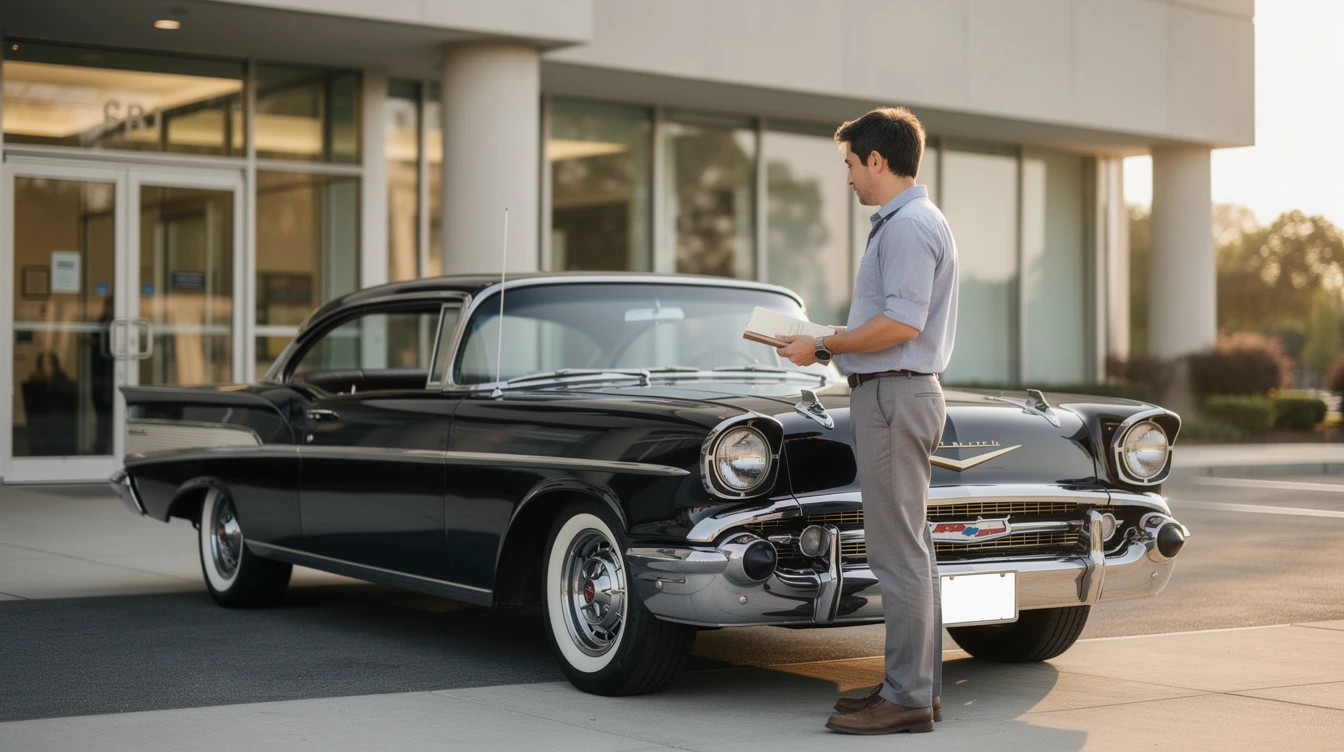 Man inspecting classic black vintage car with clipboard for registration documentation at dealership.