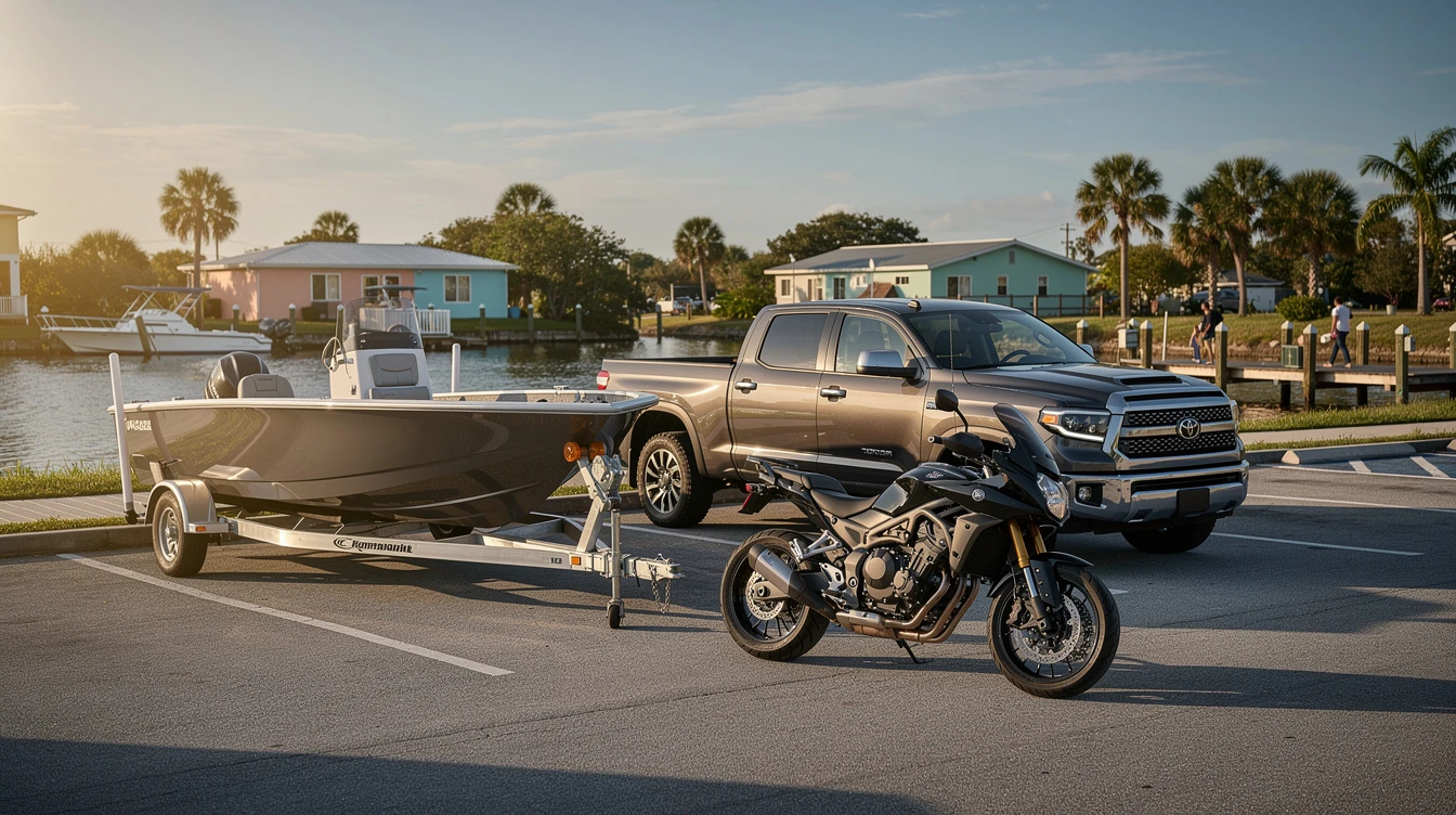 Boat trailer attached to pickup truck parked in Florida waterfront neighborhood with motorcycle and dock visible.