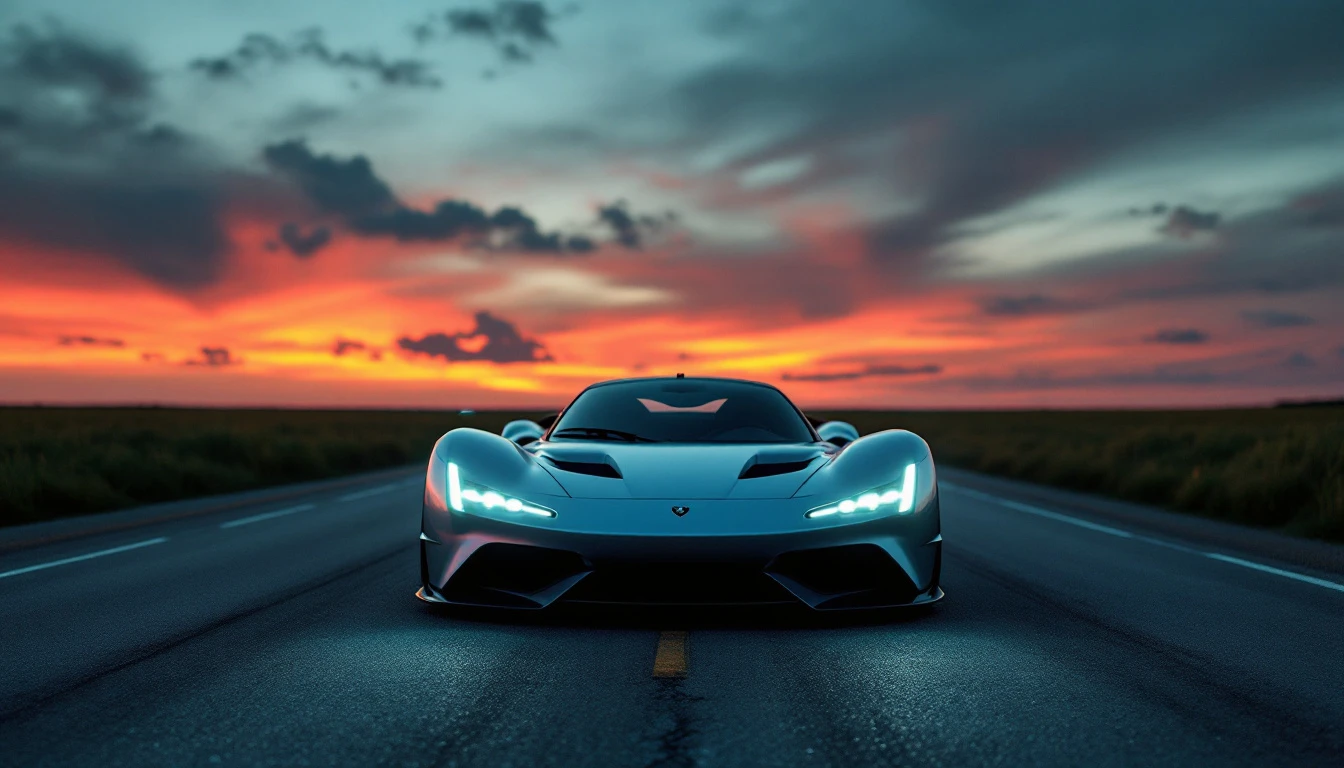 Sleek supercar on empty highway at sunset, representing vehicle purchase and sales tax considerations.